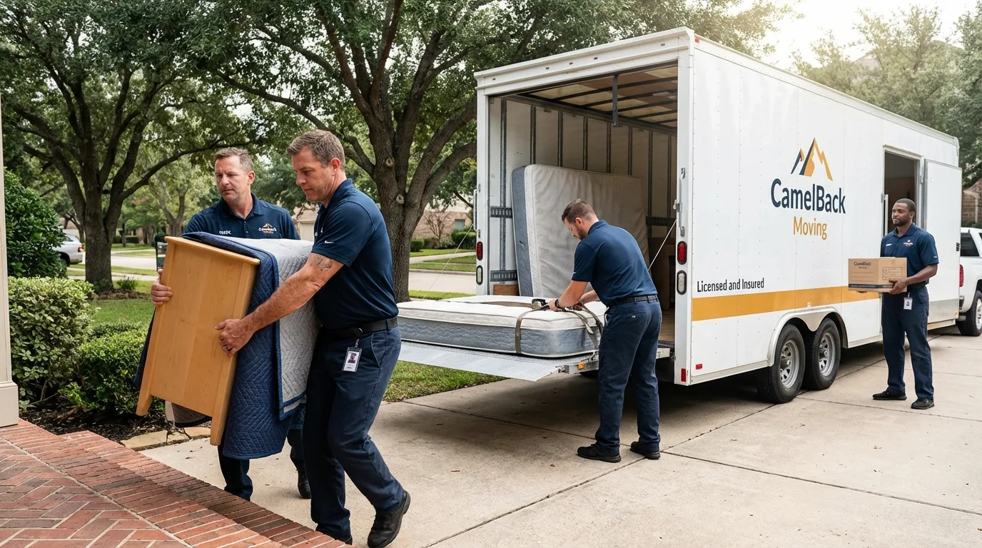 Crew loading residential truck for cross-state move from Stephenville, TX