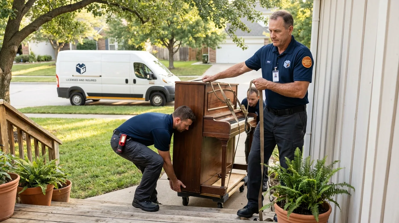 Licensed piano movers securing grand piano in Stephenville, TX