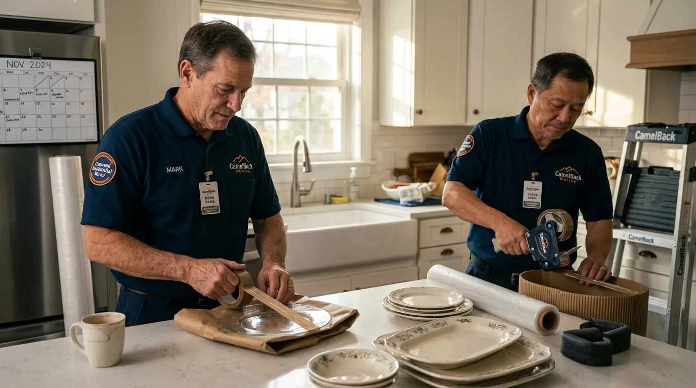 Professional crew packing kitchen dishware in Stephenville, TX